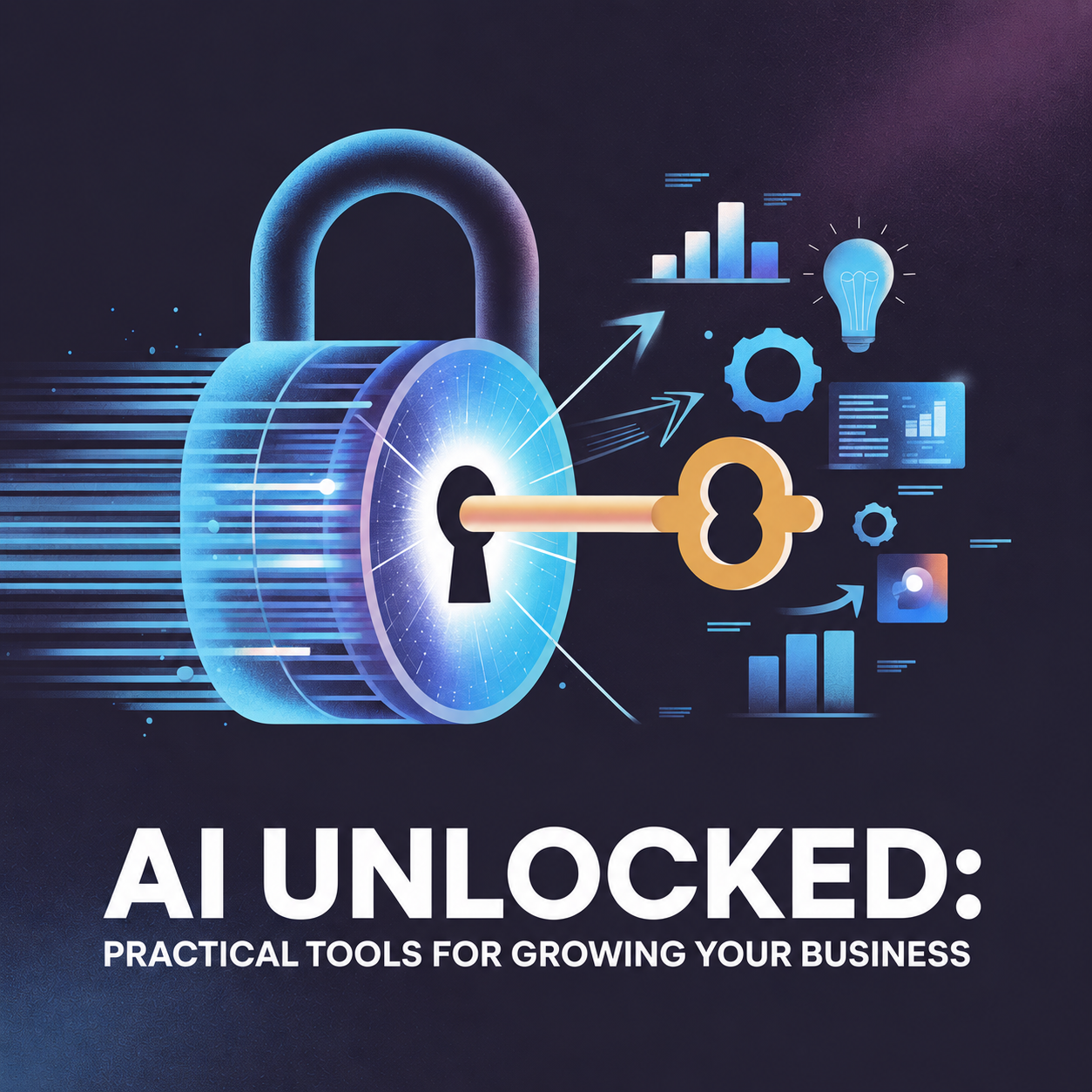 AI Unlocked logo — a glowing padlock unlocked by an amber key