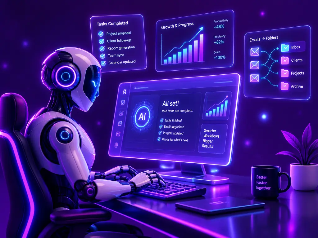 AI agent working at a computer completing tasks on glowing screens