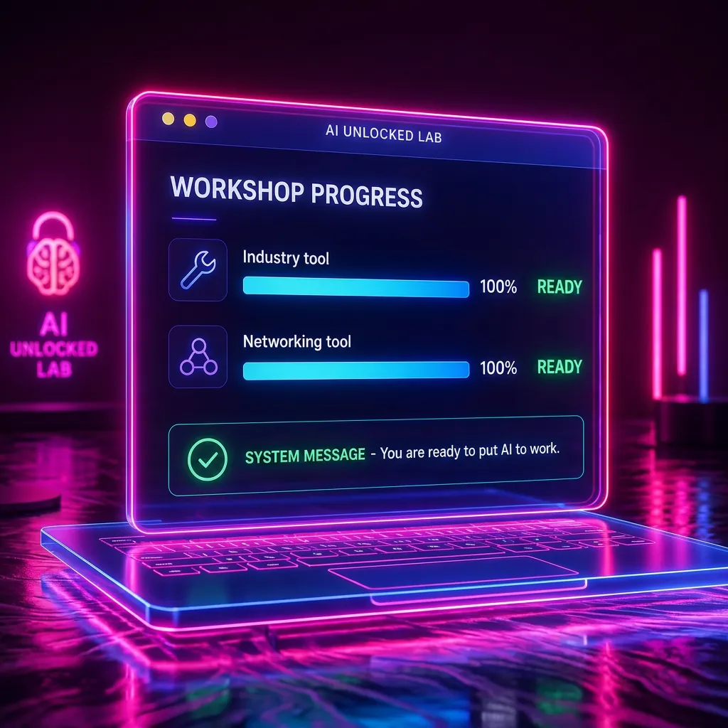 Glowing AI workshop lab with two tools being built on a holographic workbench