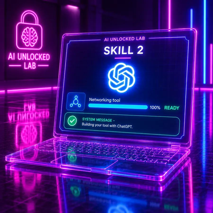 Holographic laptop screen showing SKILL 2 with the ChatGPT logo and a progress bar reading READY