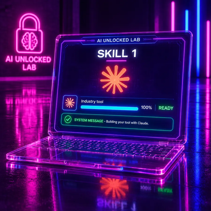 Holographic laptop screen showing SKILL 1 with the Claude logo and a progress bar reading READY